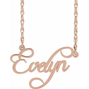 Script nameplate necklace, Solid gold name necklace, rose gold name necklace, sterling silver name necklace.