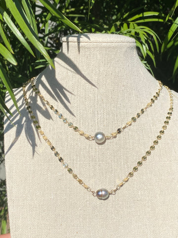 Tahitian pearl on disc chain, tahitian pearl gold filled necklace, silver tahitian pearl