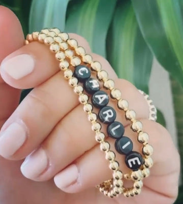 Black bead 14k gold filled bead name bracelet