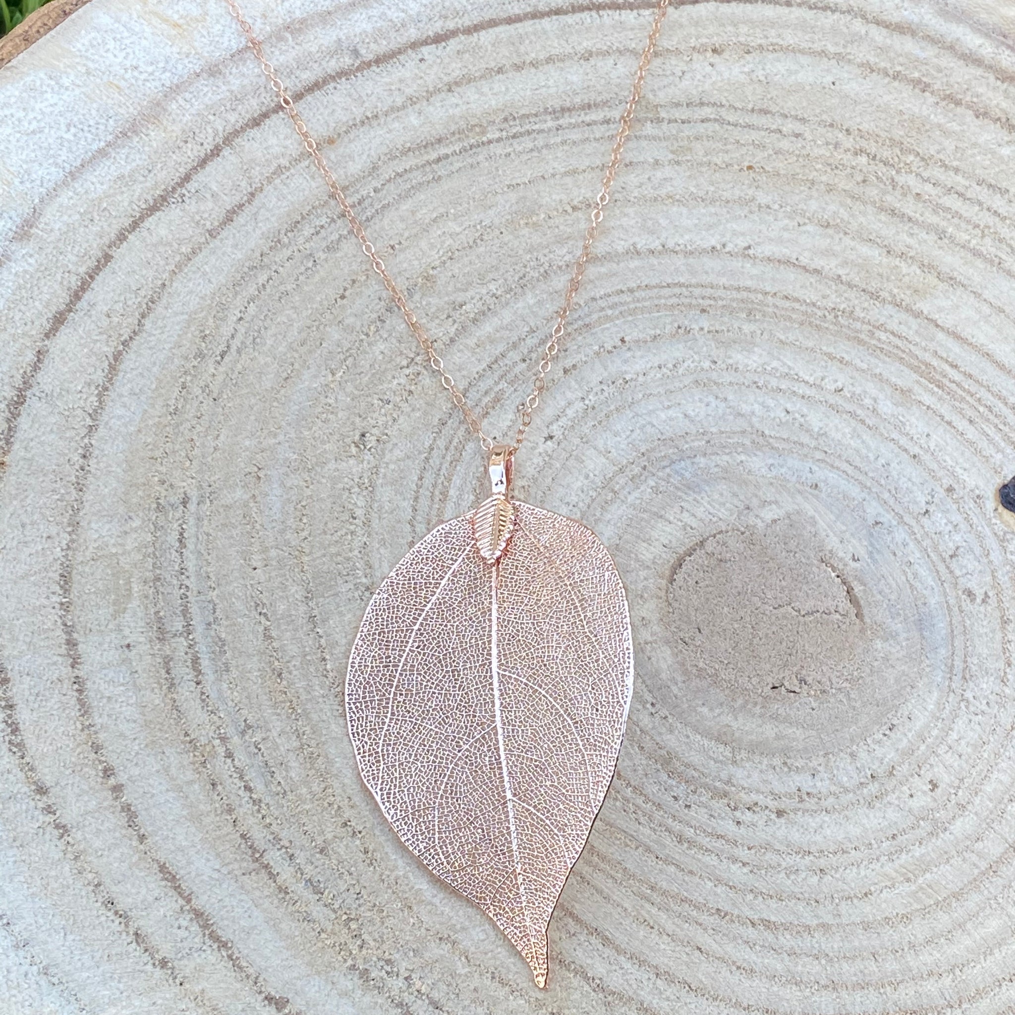 Real leaf pendant necklace, long rose gold necklace