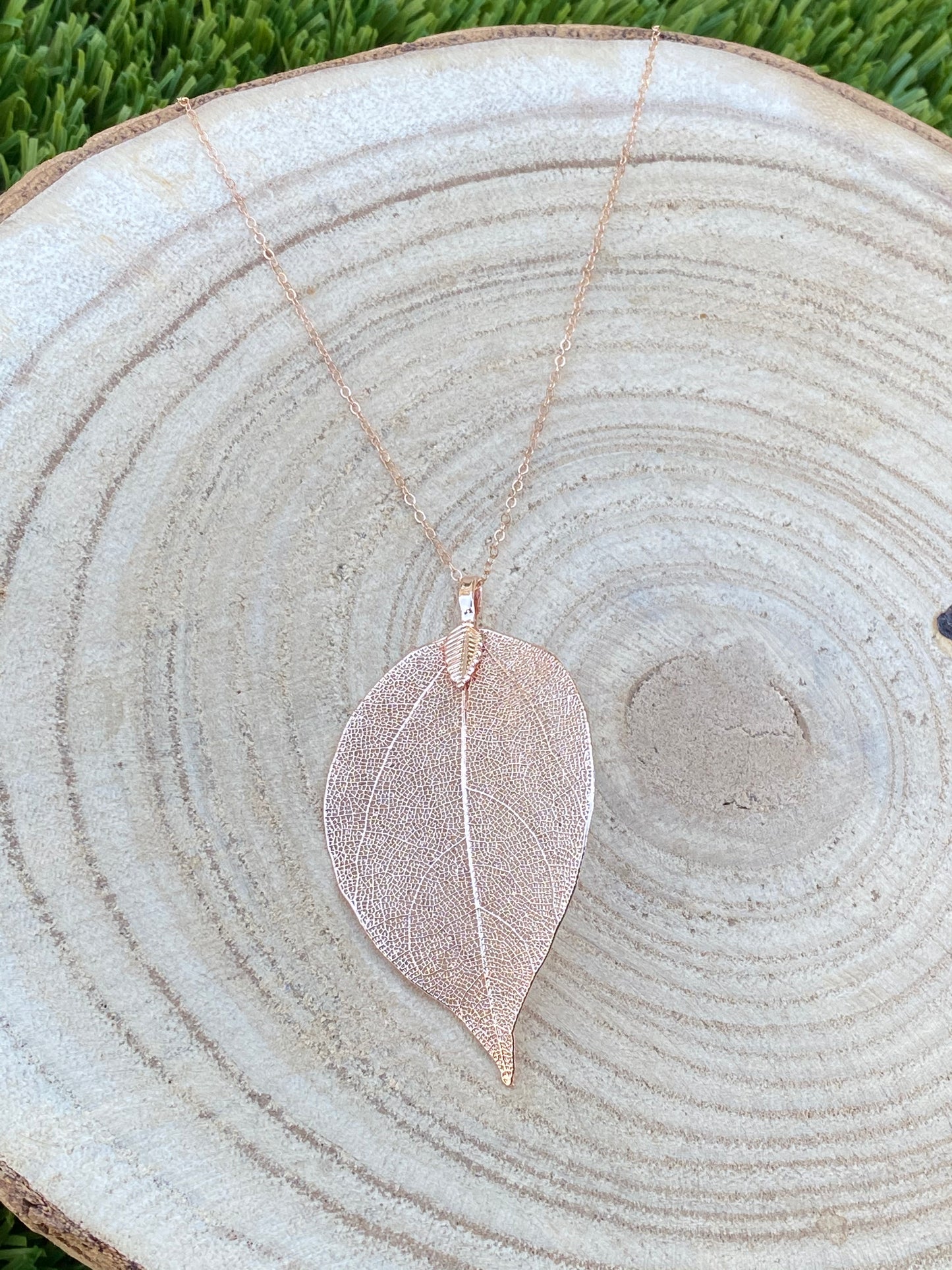 Real leaf pendant necklace, long rose gold necklace