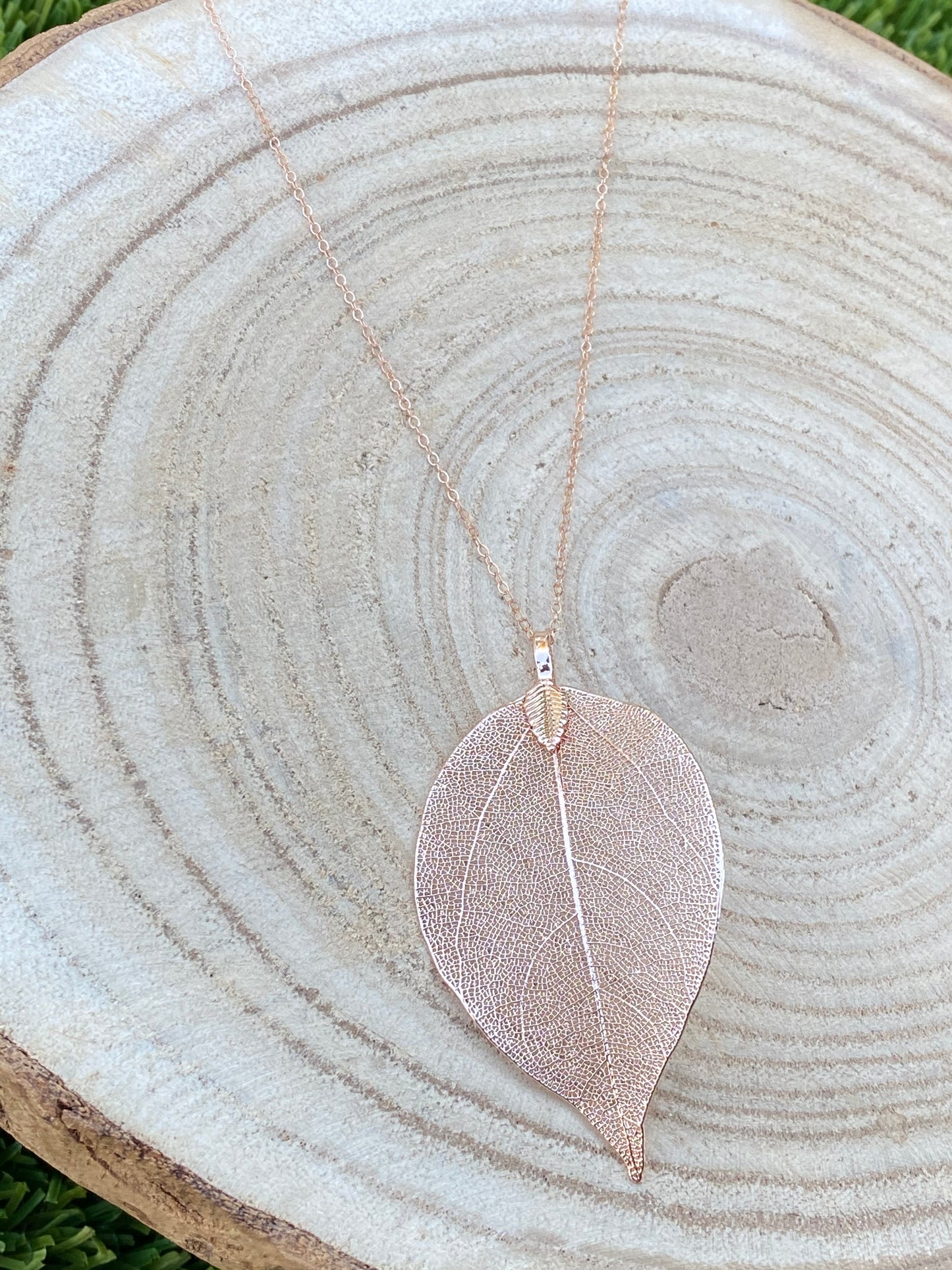 Real leaf pendant necklace, long rose gold necklace