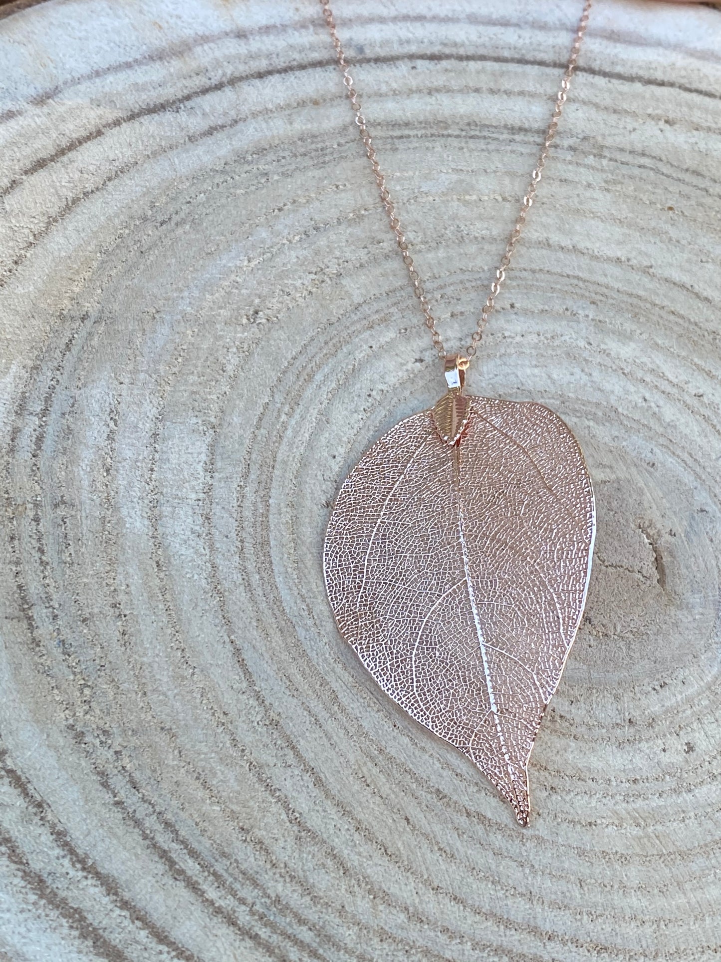 Real leaf pendant necklace, long rose gold necklace