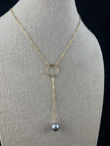 Lariat karma circle necklace with hanging Tahitian pearl