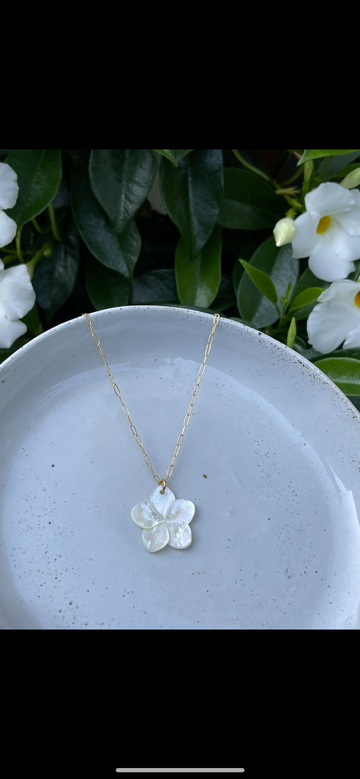 Plumeria flower pendant, pearl plumeria necklace, dainty plumeria necklace, mother of pearl necklace